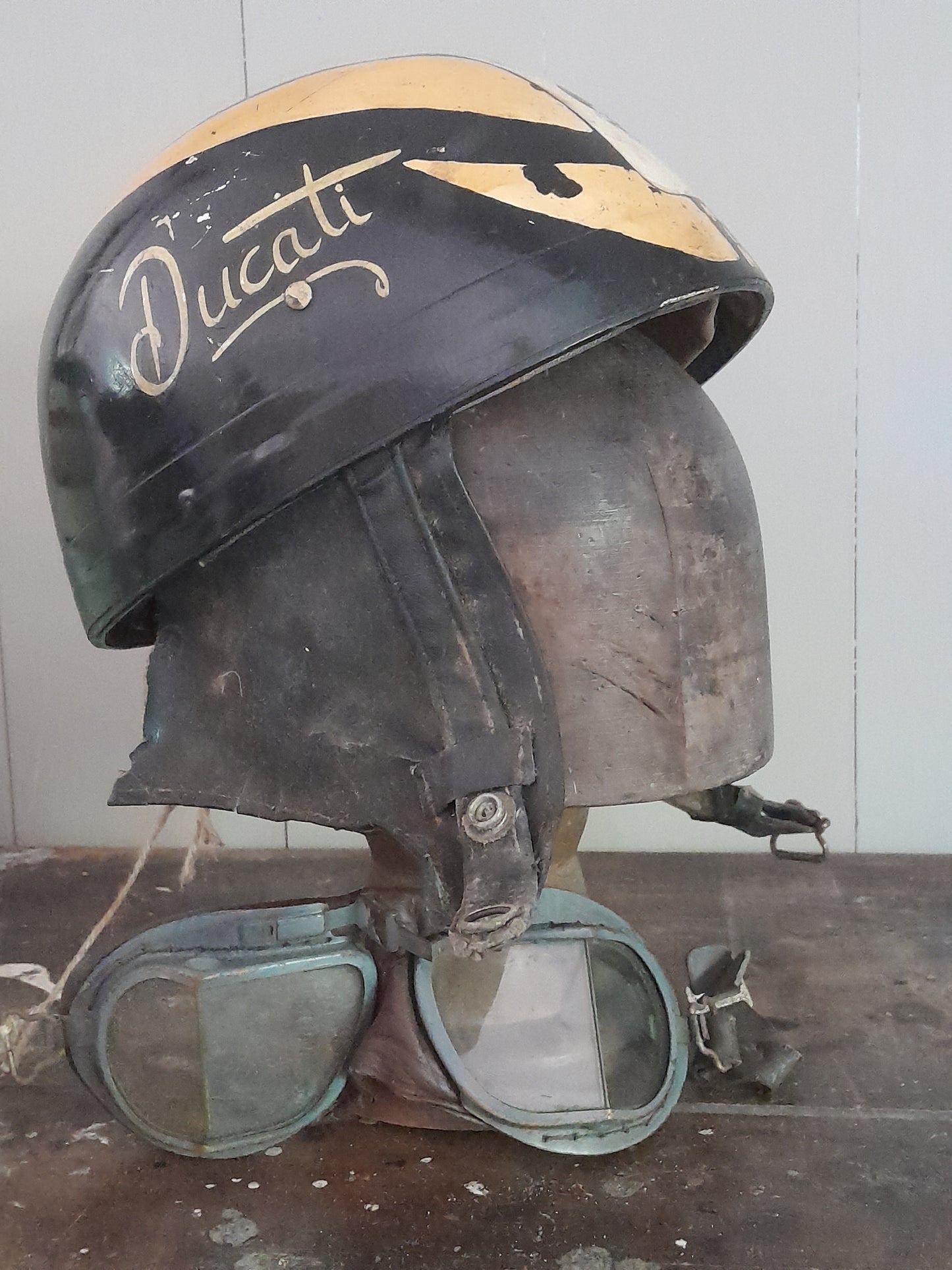 USEd 168 Vintage hand painted pudding bowl, crash helmet & goggles. "Ducati"