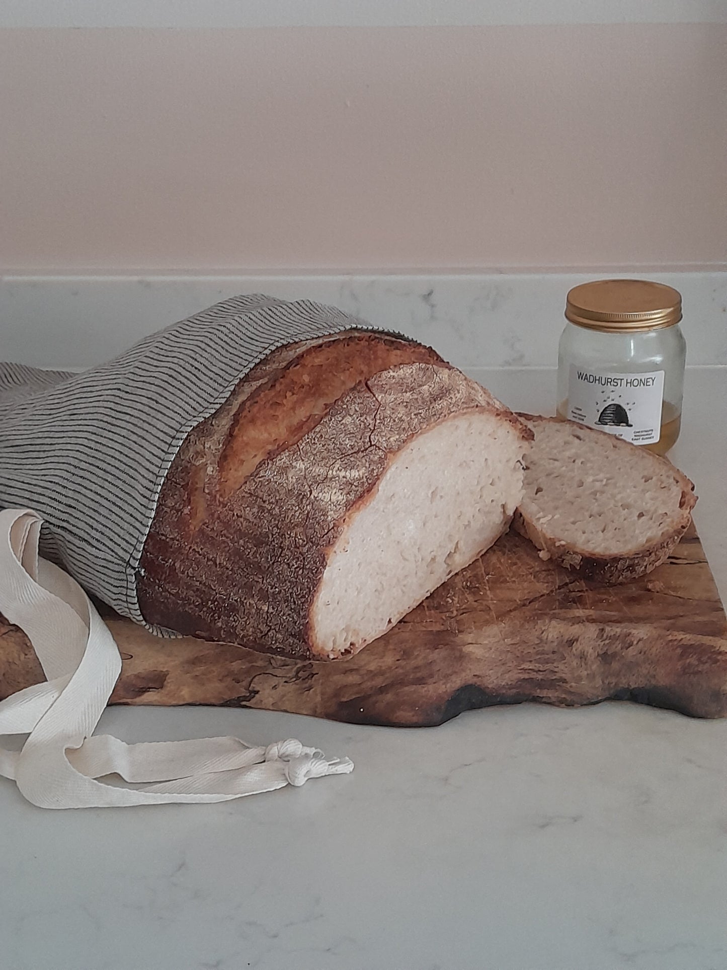 Linen Bread Bag With Dark Blue/Natural Stripes