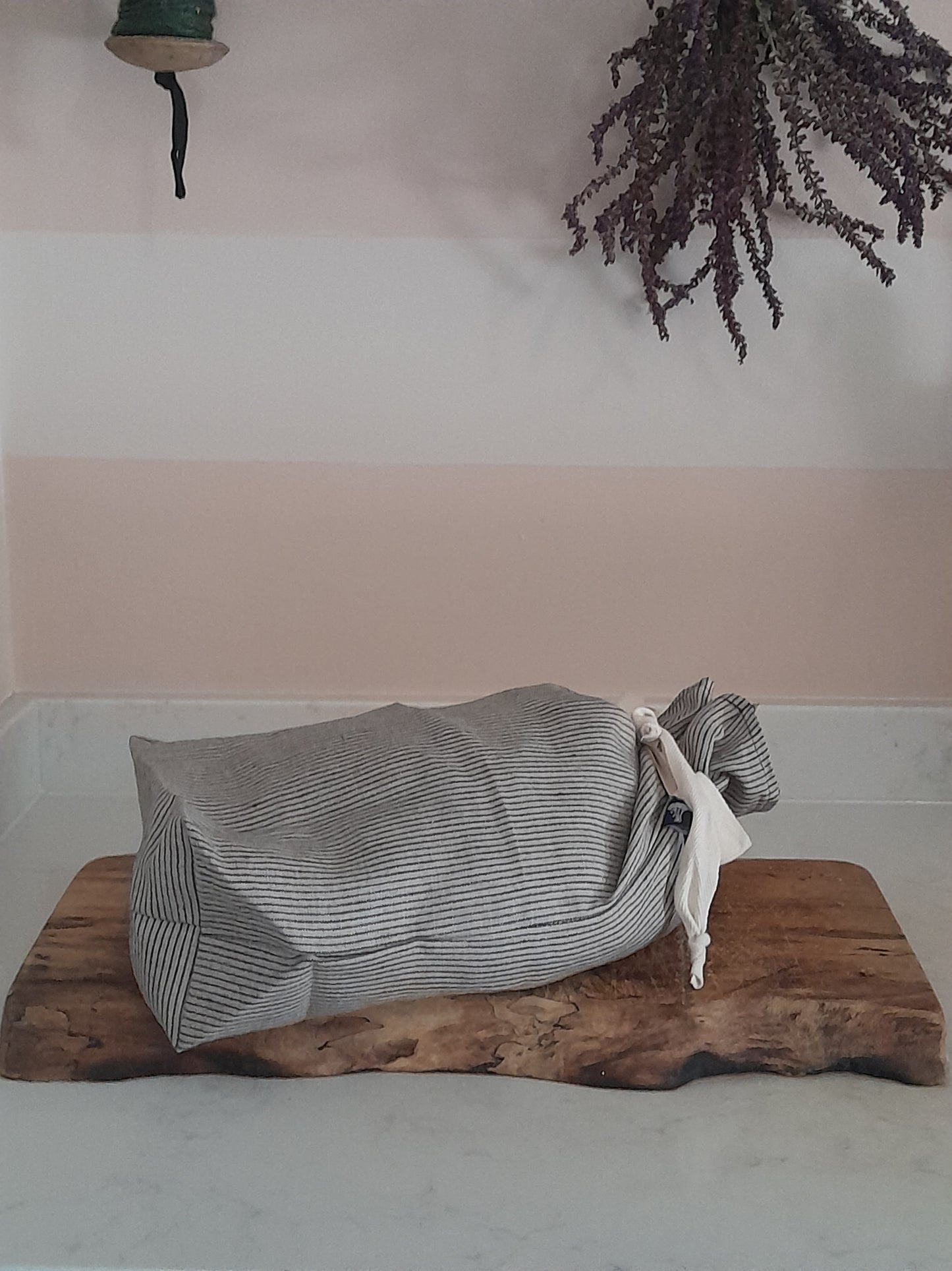 Linen Bread Bag With Dark Blue/Natural Stripes