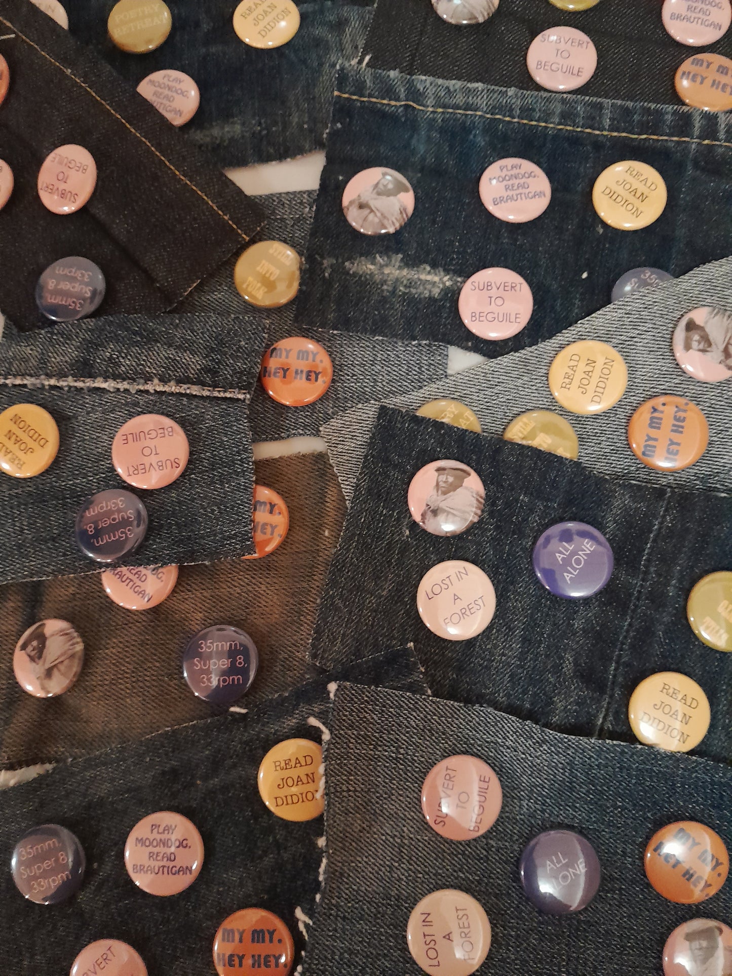 USE Set of 5 small badges. 1st edition. Pinned to Selvedge denim.
