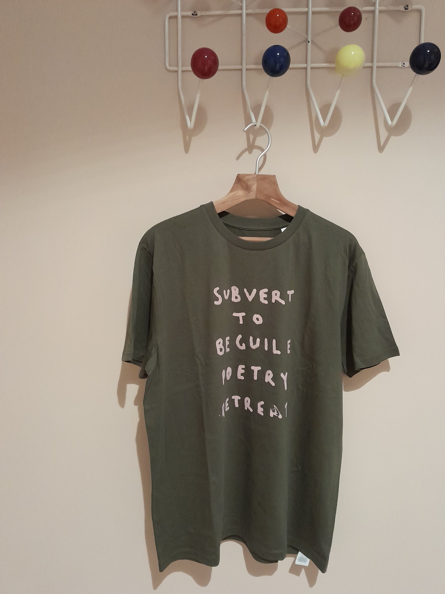 USE Short Sleeve, organic cotton Tee Shirt. Hand Screen Printed "Subvert to Beguile Poetry Retreat"