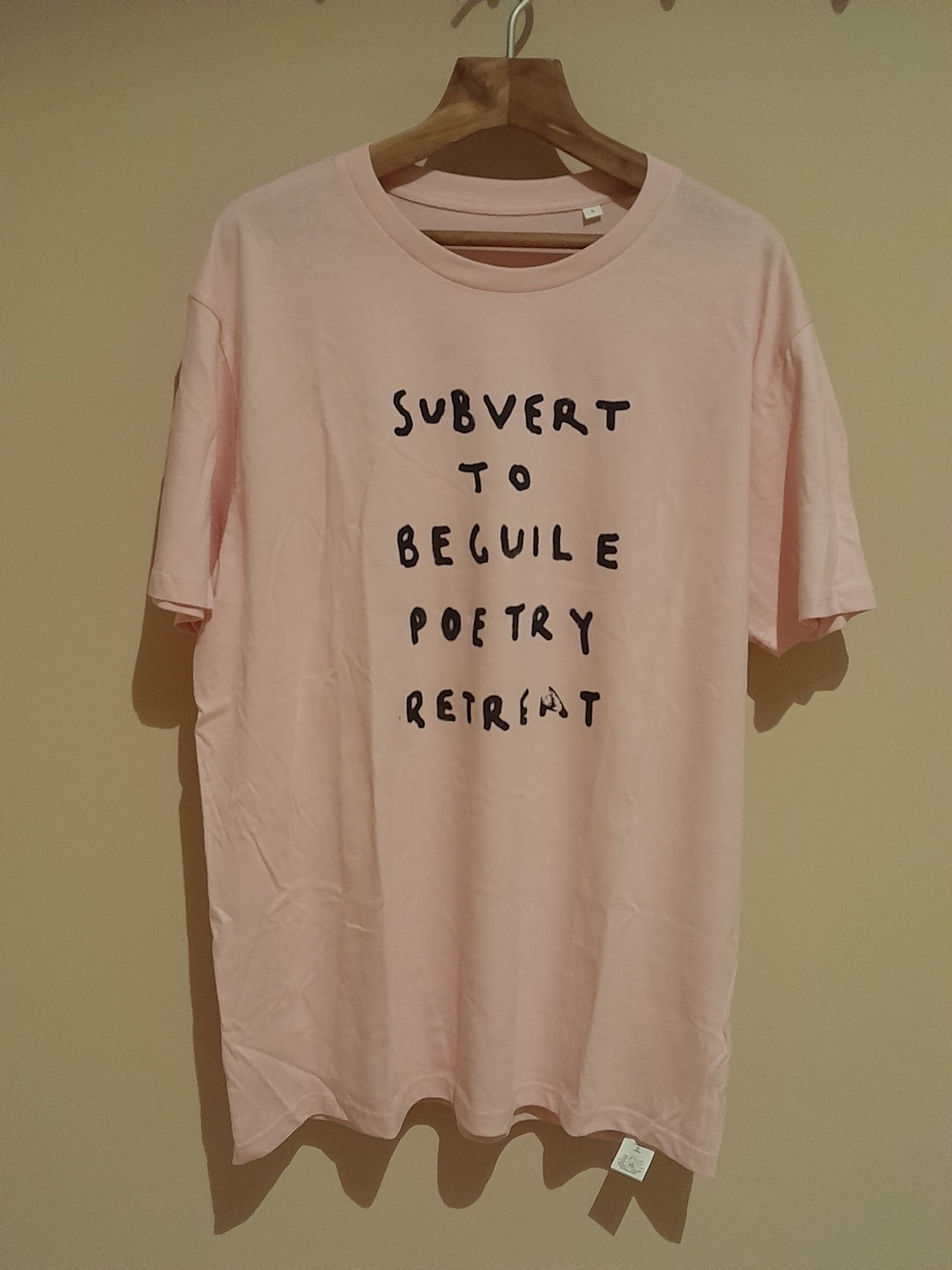 USE Short Sleeve, organic cotton Tee Shirt. Hand Screen Printed "Subvert to Beguile Poetry Retreat"