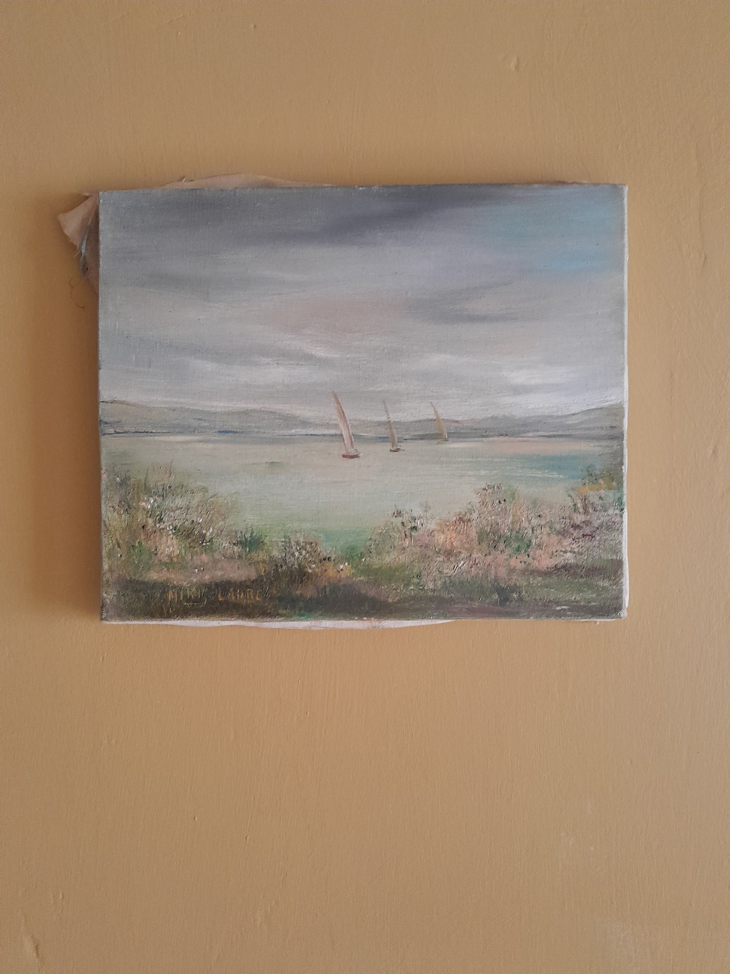 USEd 129 Small oil on canvas sail boat and sand dunes