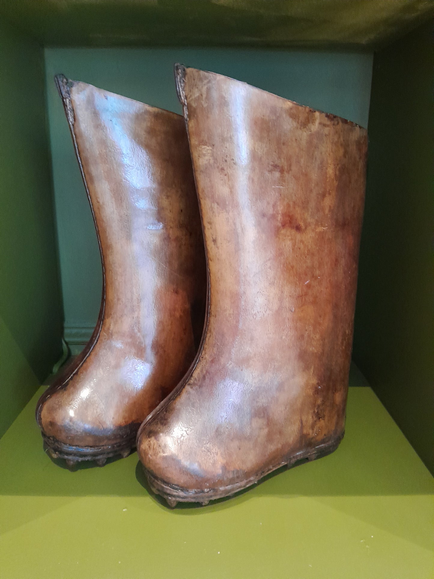 USEd 73 18th C Chinese Leather Snow Boots, lacquered with metal grips