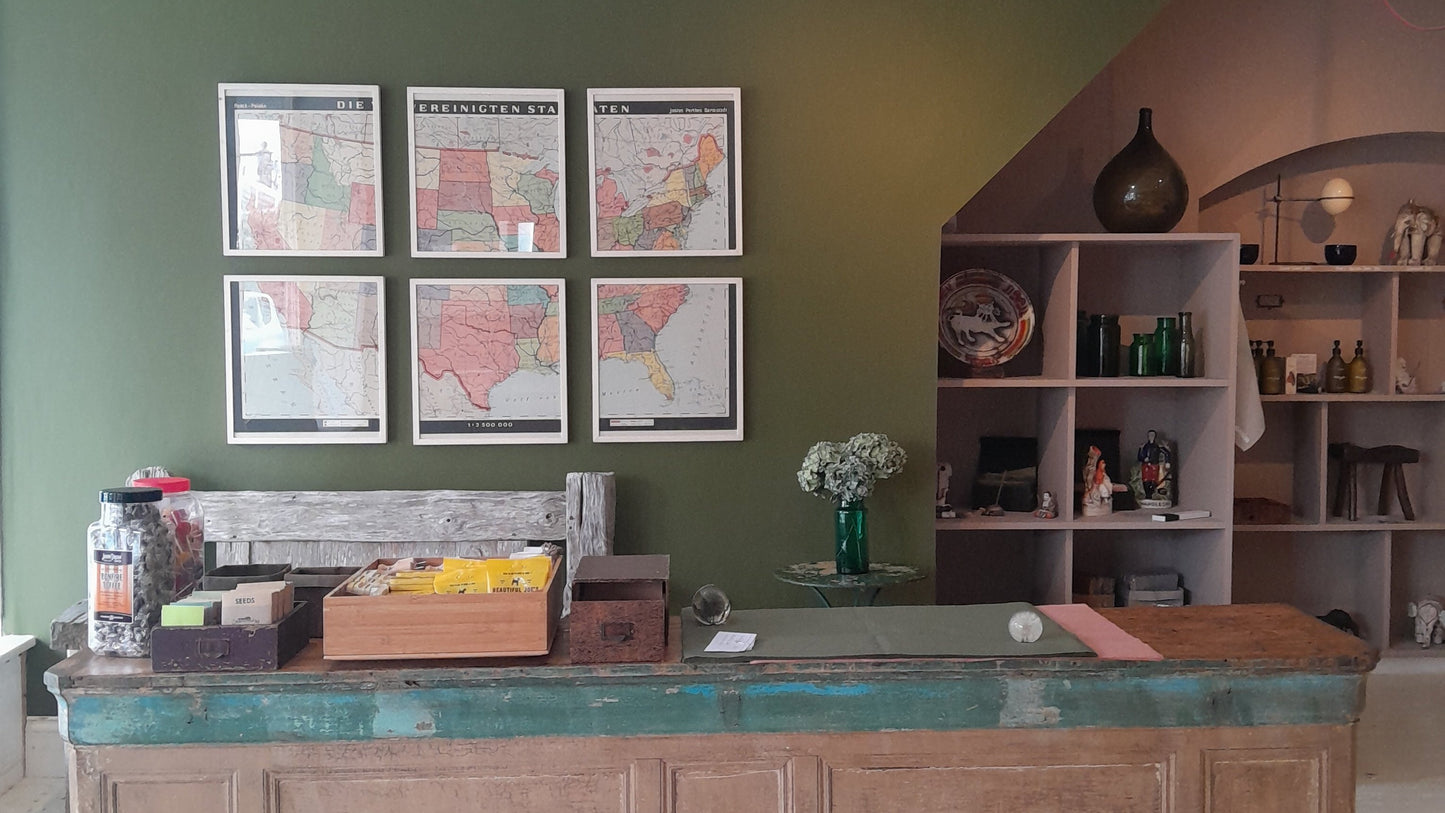 Vintage French Bistro Counter, Wooden with Painted Green Stripe