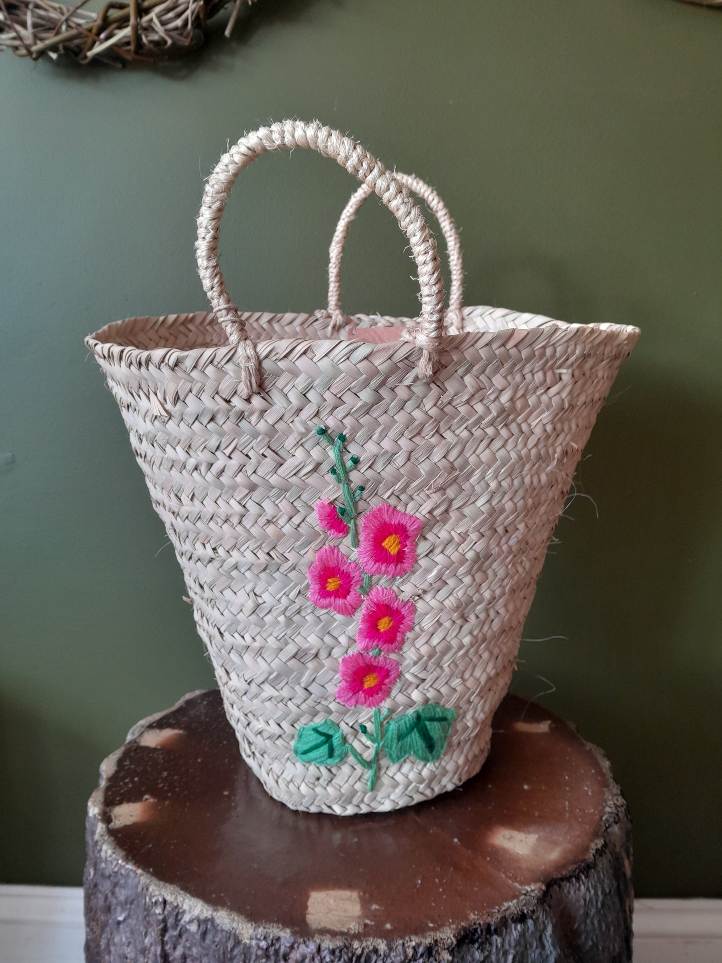 Hand Embroidered Basket, Hollyhock