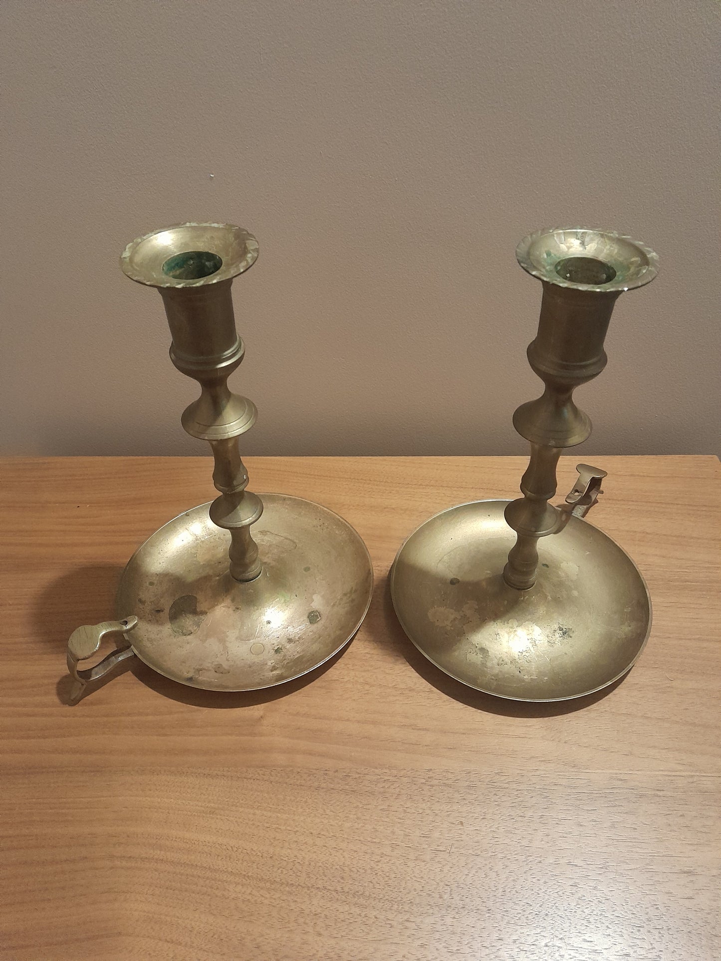 USEd 334 Vintage Pair, Brass Candlesticks with Dish and Handle.
