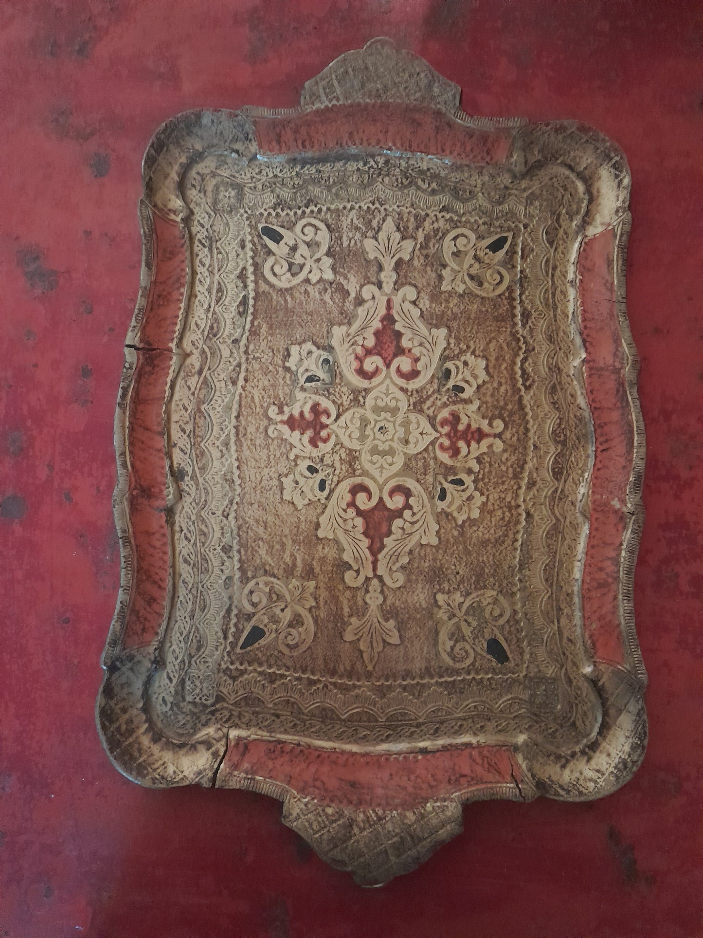 USEd 335 Vintage Florentine Papier Mache Tray ORANGE