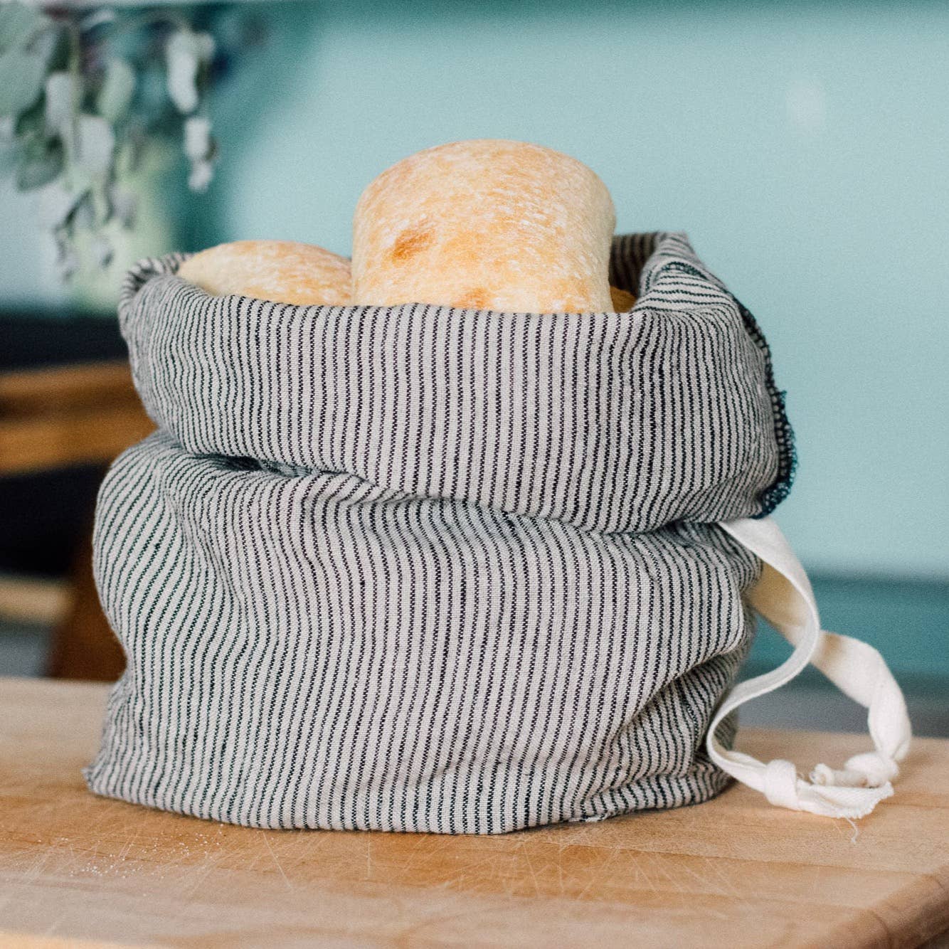Linen Bread Bag With Dark Blue/Natural Stripes