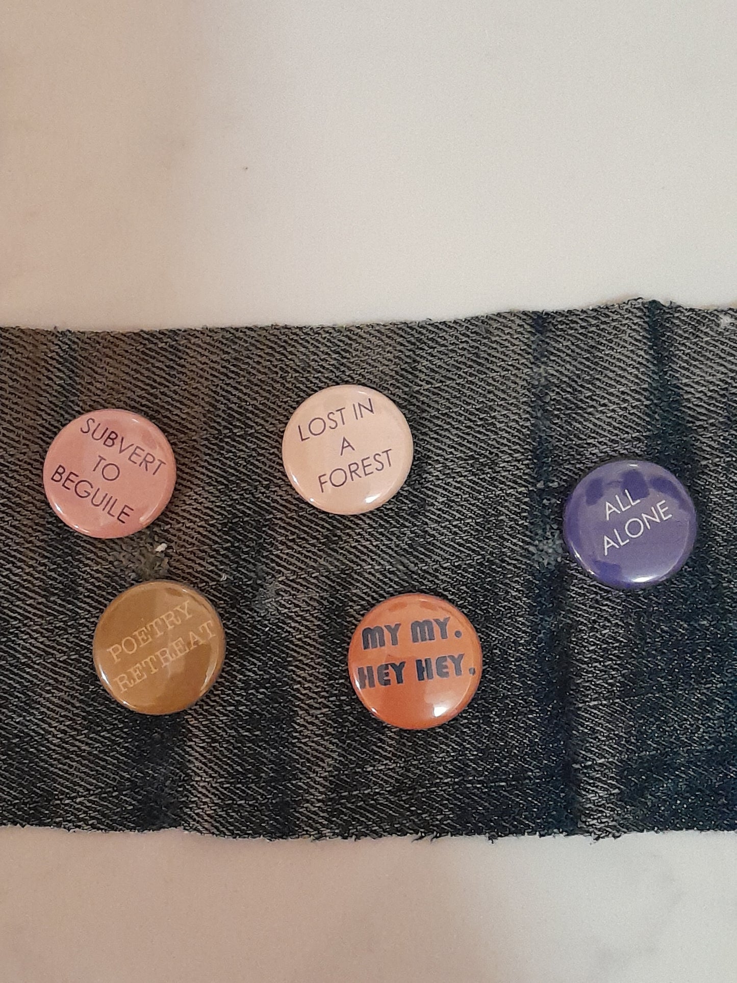USE Set of 5 small badges. 1st edition. Pinned to Selvedge denim.